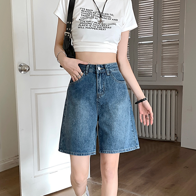 Women's Denim Shorts, Summer New Style, High-Waisted, Retro, 5-Point Length, Petite, Loose, Straight-Leg, Plus Size, Slimming, Five-Point Pants