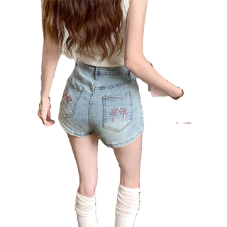 Pocket embroidered hot girl denim shorts for women