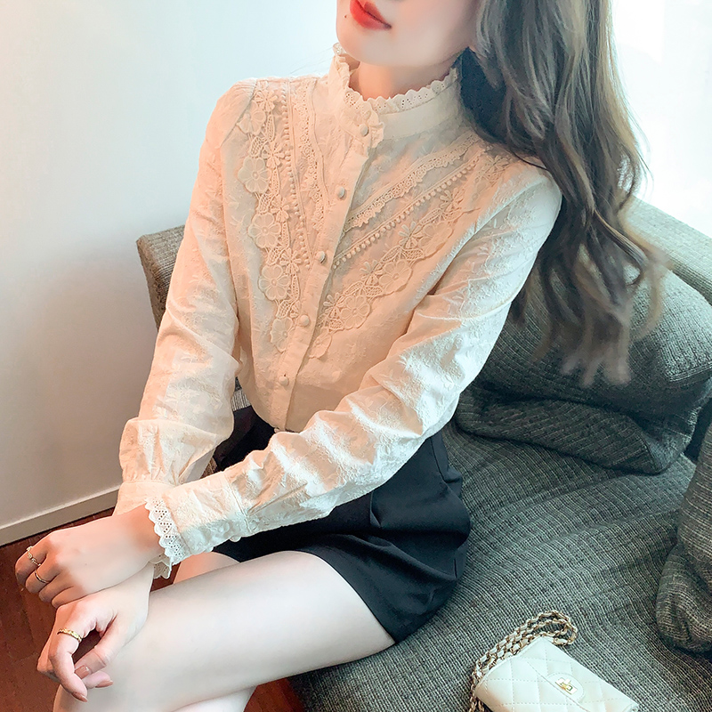 Spring half - high collar with sniffing shirt spring - dress 2023 new long sleeve lace blows a gas shirt