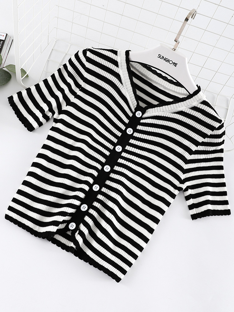 Lazy gió sọc dệt kim nữ cardigan mùa hè 2020 mới cảng bf hương vị retro V cổ áo bên trong tay áo ngắn áo khoác