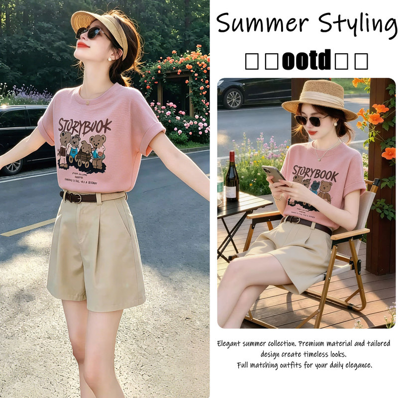 Summer Ootd Outfit: a Cute and Fashionable Round-Neck Slim-Fit Printed Pink T-Shirt and High-Waisted Shorts Set for Women Summer Ootd Outfit: a Cute and Fashionable Round-Neck Slim-Fit Printed Pink T-Shirt and High-Waisted Shorts Set for Women