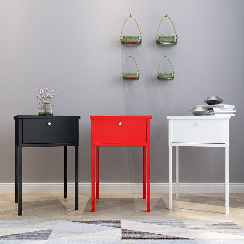 Nordic bed head cabinet personality high foot iron art bedside table small tea table with drawer Mind about bedside table black red