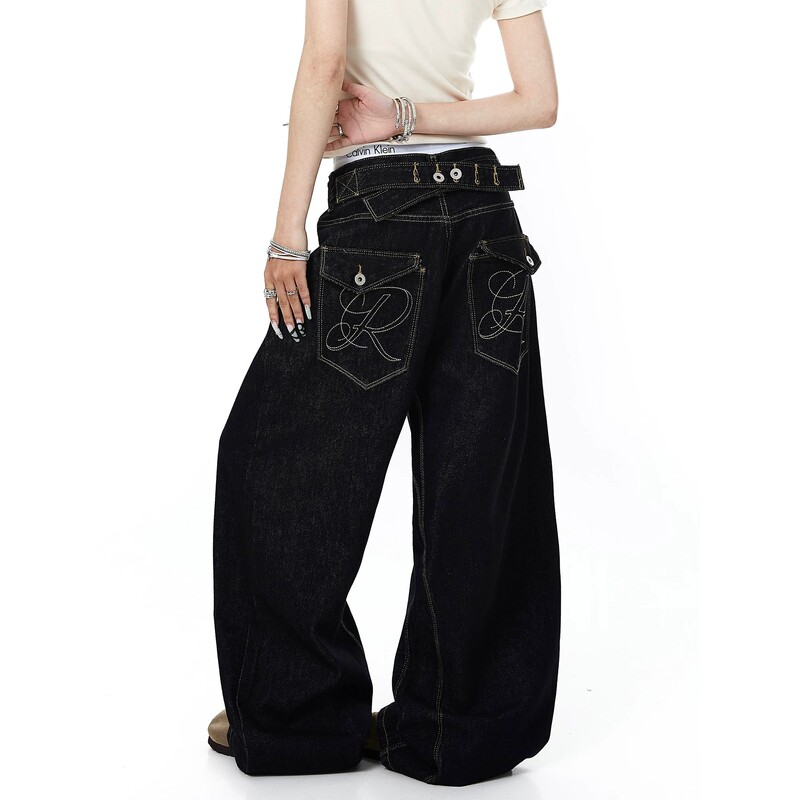 American Retro Paris Buckle Letter Embroidery Denim Original Color Jeans Unisex High Street Straight-Leg Raw Denim Casual Pants Trendy American Retro Paris Buckle Letter Embroidery Denim Original Color Jeans Unisex High Street Straight-Leg Raw Denim Casual Pants Trendy