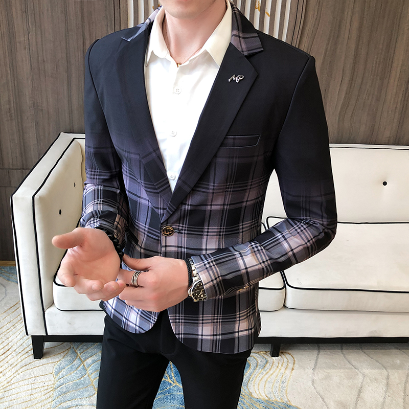 Купить Пиджак, Костюм 男士渐变色格子西服2020春秋新款发型师夜场网红修身小西装潮外套 в интернет ...