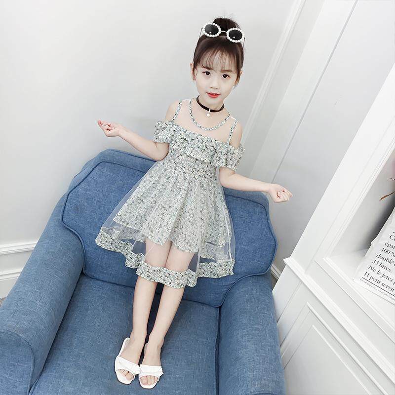 Girls summer dress 2021 new Korean version of foreign air leakage shoulder children's skirt Chiffon girl summer princess dress