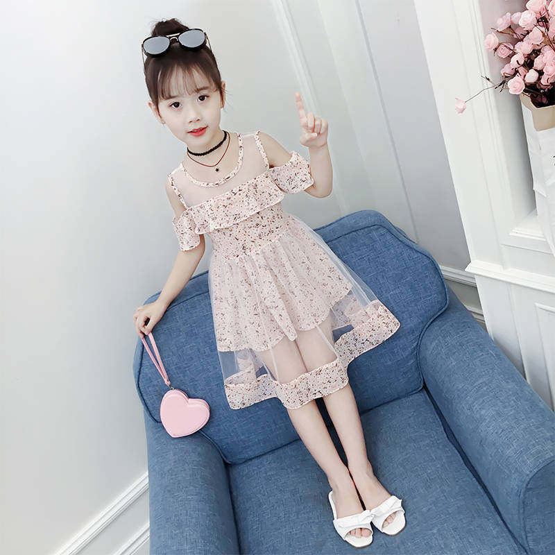 2021 girls summer dress new Korean version of foreign air leak shoulder children's skirt chiffon girl princess dress summer
