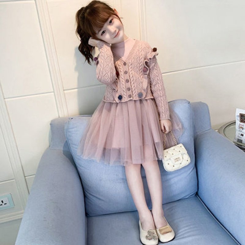 Girls' autumn suit autumn and winter thickened fashionable knitted long sleeve cardigan mesh skirt little girl dress two-piece set