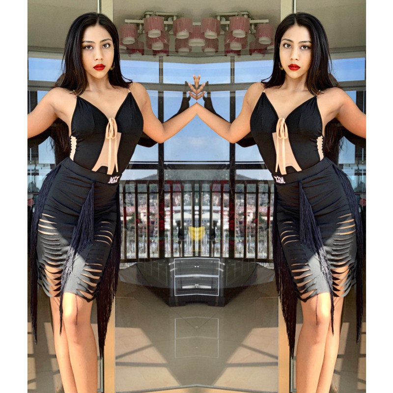 Mu Lanxi loophole new national standard dance skirt performance clothing professional Latin dance adult female short hip skirt