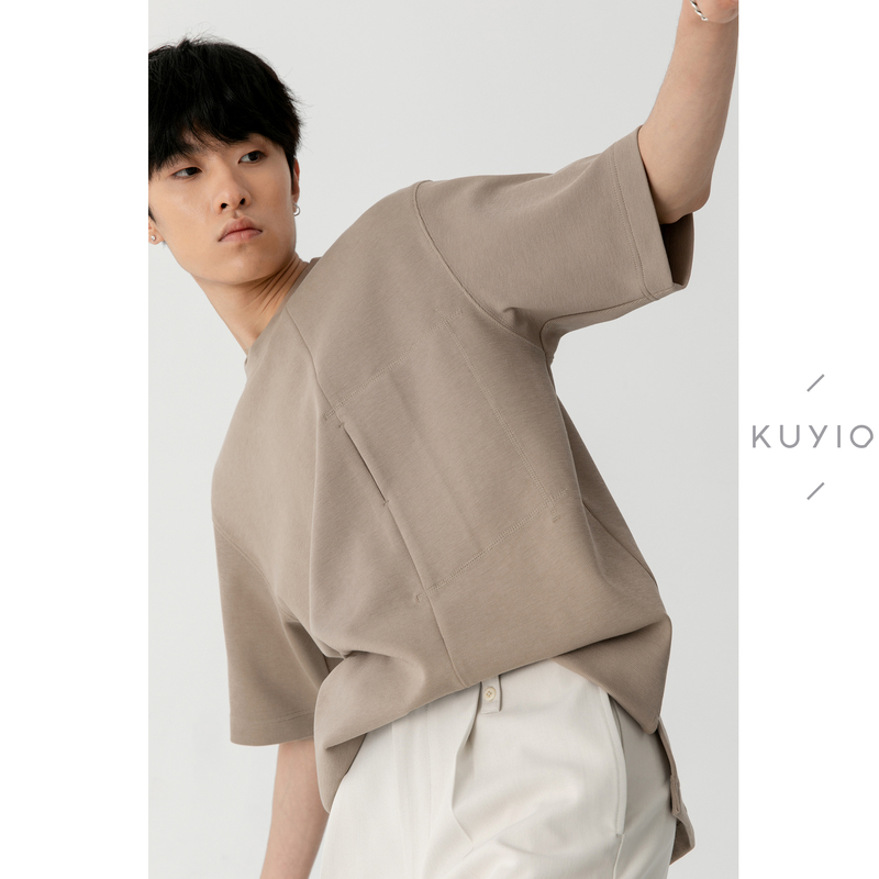 Invisible Side Pocket Kuyiou/Deconstructed Stitching Loose Fit Heavy Weight Drop Shoulder Crew Neck Short Sleeve T-Shirt for Men T15