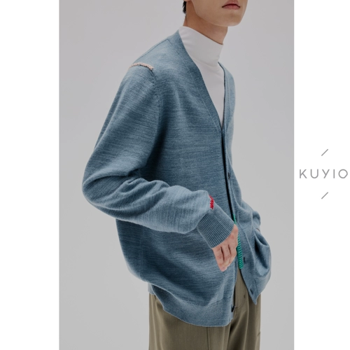 KUYIOU/3 разных синих цвета, сплетенных воедино!Вязаный мужской кардиган из смесовой шерсти ручной работы челночным стежком