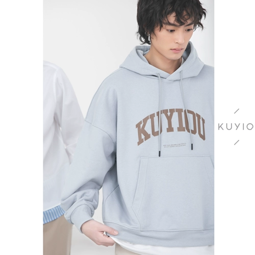 KUYIOU/400G тяжелая махровая сумка-кенгуру с принтом логотипа в стиле ретро, ​​пуловер с открытыми плечами, толстовка с капюшоном для мужчин и женщин, весна