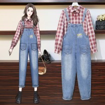 Gestational Woman Dress 2021 Spring Dress New Display Slim Cover Belly Suit Denim Back Belt Pants Fashion Plaid Shirt Two-piece Set