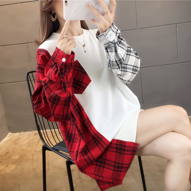 2021 spring new hooded sweater women's spring and autumn thin section fat mm large size loose medium and long plaid stitching top