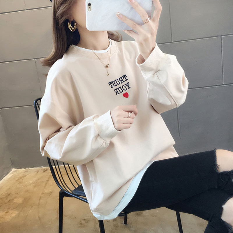 Fake two loose sweaters women's spring and autumn thin section 2021 new Korean version fat mm large size lazy wind long-sleeved top tide