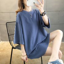 Hong Kong wind cotton short sleeve T-shirt female long 2021 summer New loose Joker fat mm size 200 Jin shirt