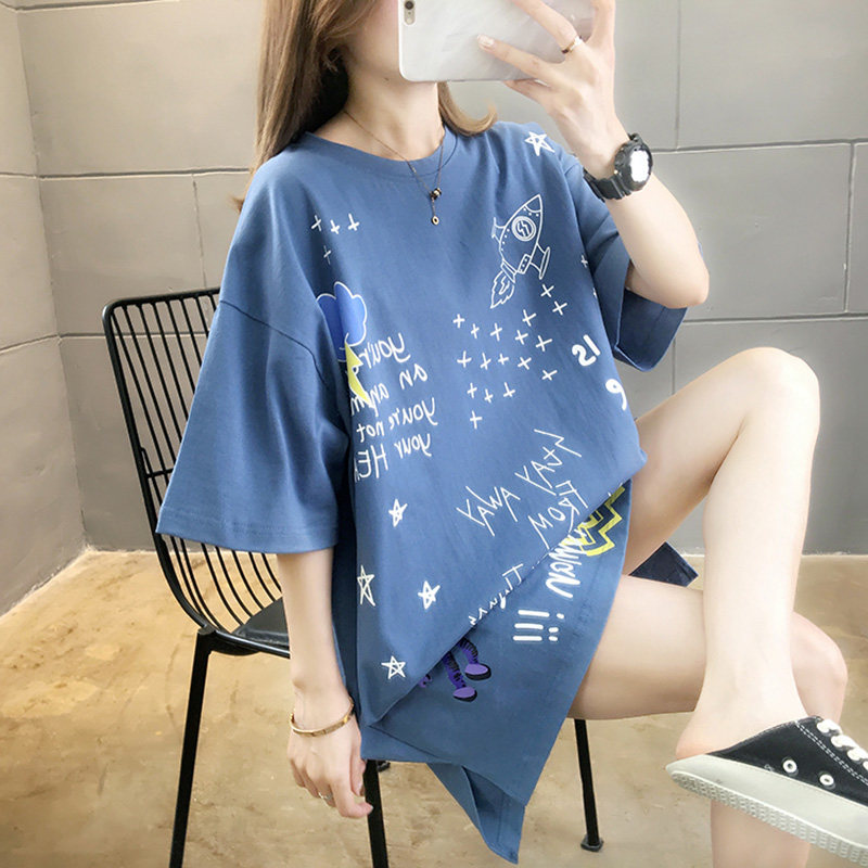 Large size women's women 2021 summer New Foreign Air Age short sleeve T-shirt female fat mm medium long 200 Jin belly top