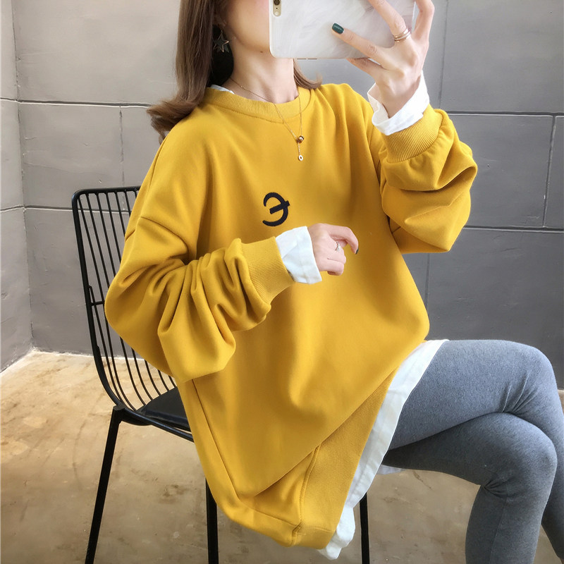 Fake two-piece sweater women's spring and autumn thin section 2022 new fat mm large size loose mid-length version cover belly slimming top
