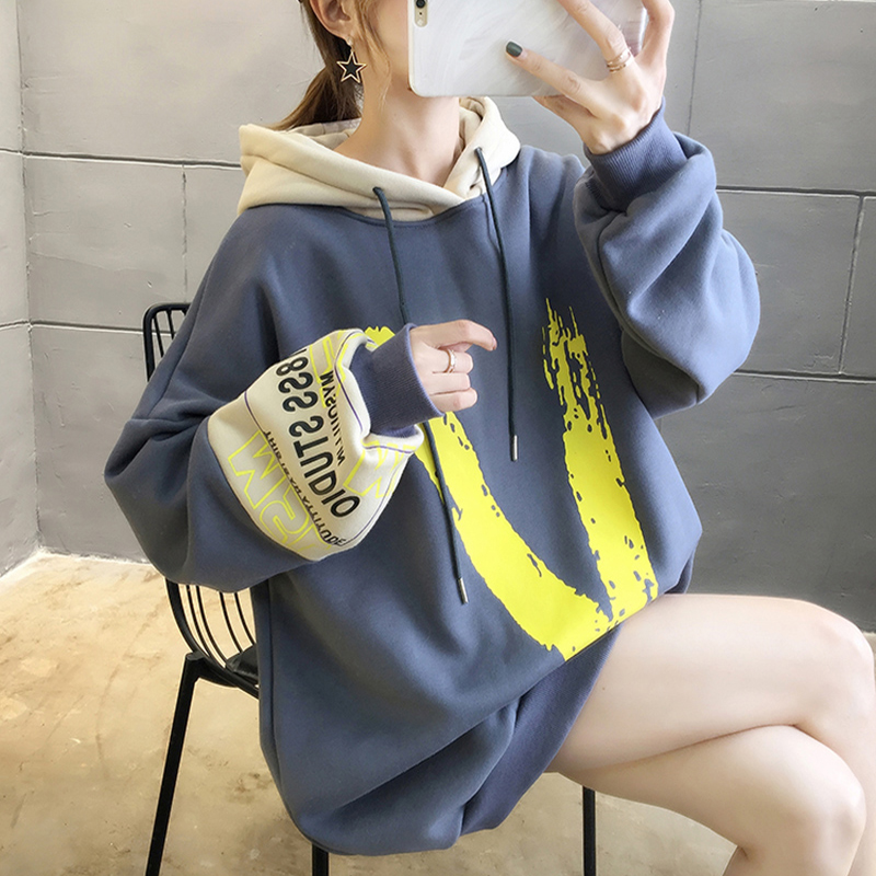 Velvet thickened hooded sweatshirt women's autumn and winter loose Korean version of the long version of the fat mm large size thin 200 pounds of top tide