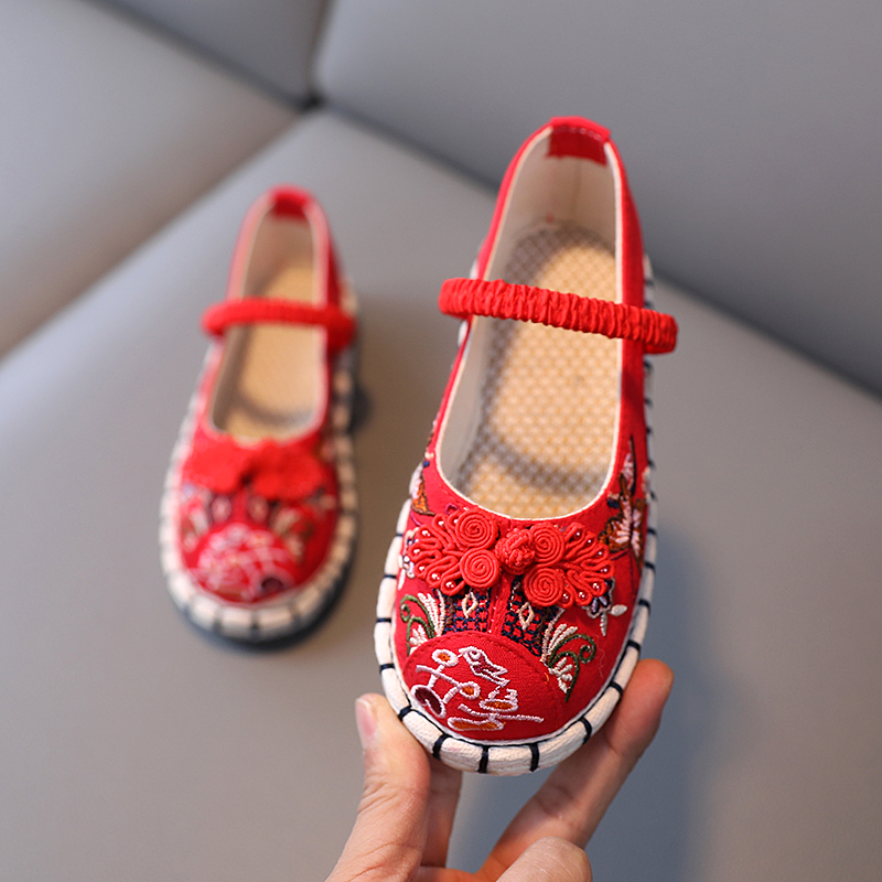 Hanfu Shoes Girl Embroidered Shoes Middle Country Wind Dance Shoes National Wind Performance Ancient Dress Shoes Children Old Beijing Cloth Shoes