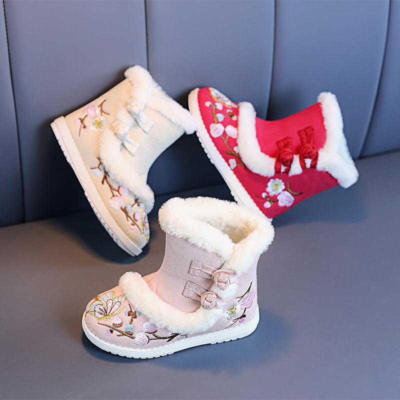 Add velvet antique shoes winter cotton boots Hanfu boots girls embroidered shoes children's New Year shoes Chinese style antique cotton shoes