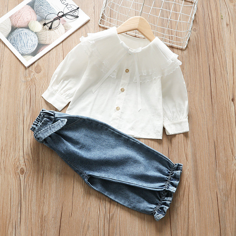 Baby girl shirt suit jeans 2021 spring and autumn clothing new super-ocean style two-piece trendy spring little girl's clothing