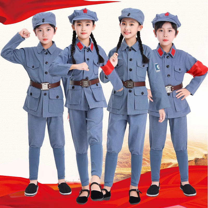 子供用リトルレッドアーミーコットンリネンパフォーマンスコスチューム八路軍服赤い星輝く紅衛兵軍服セット子供抗日戦争