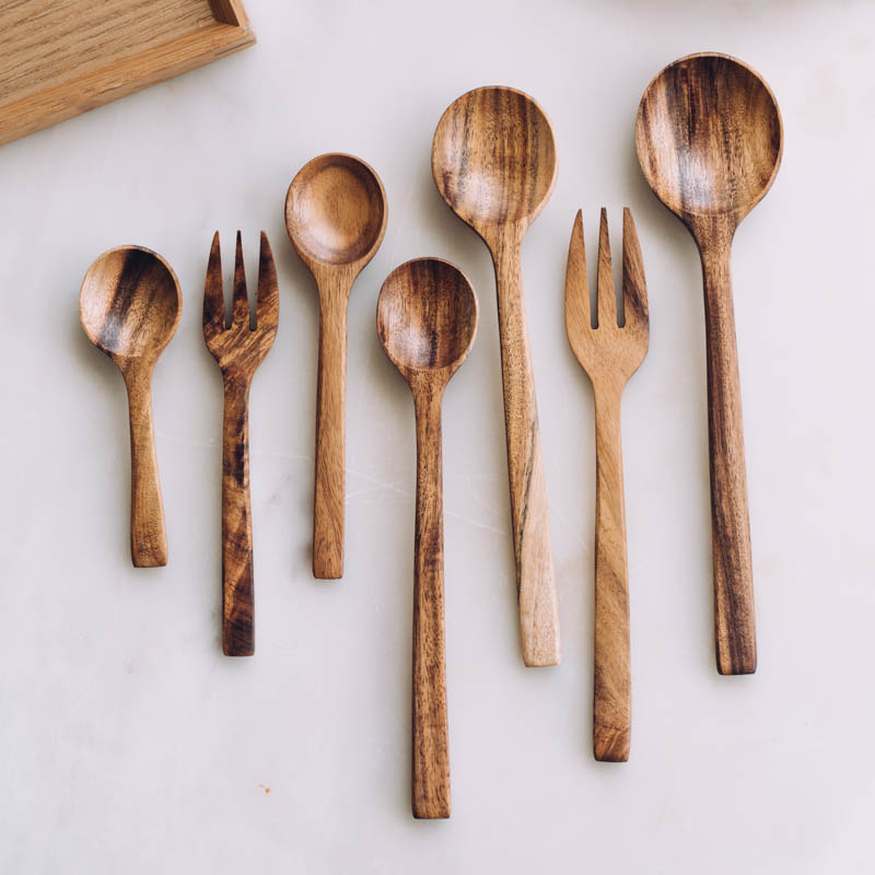 Shuke Japanese teak spoon and fork tableware household long handle wooden spoon small soup spoon stirring spoon fruit fork set