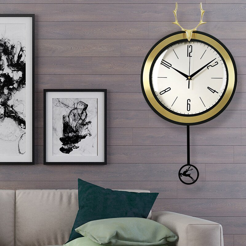 Nordic simple wall clock living room home fashion modern mute light luxury creative clock personality copper deer clock pendulum