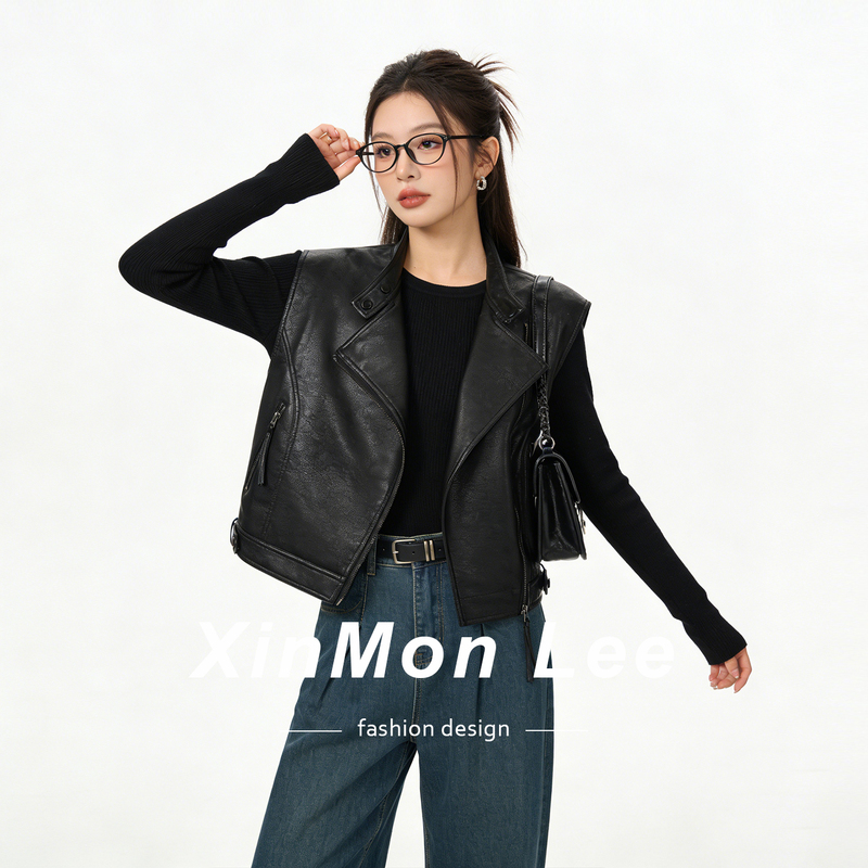 Sweet and Cool Retro Black Layered Vest Pu Leather Jacket with Side Zipper Design Short Sleeveless Vest Jacket