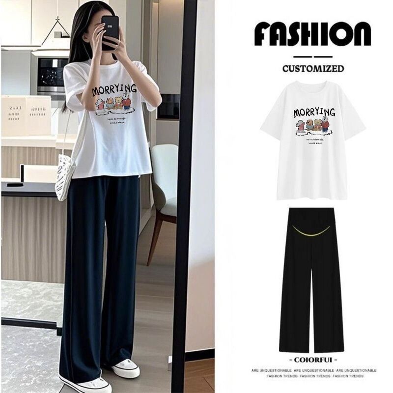 Pregnant Women's Summer Pure Cotton T-Shirt, Casual and Stylish, Loose Large Size Short-Sleeved, Korean Style New Long Pants Set for Pregnancy Wear Pregnant Women's Summer Pure Cotton T-Shirt, Casual and Stylish, Loose Large Size Short-Sleeved, Korean Style New Long Pants Set for Pregnancy Wear
