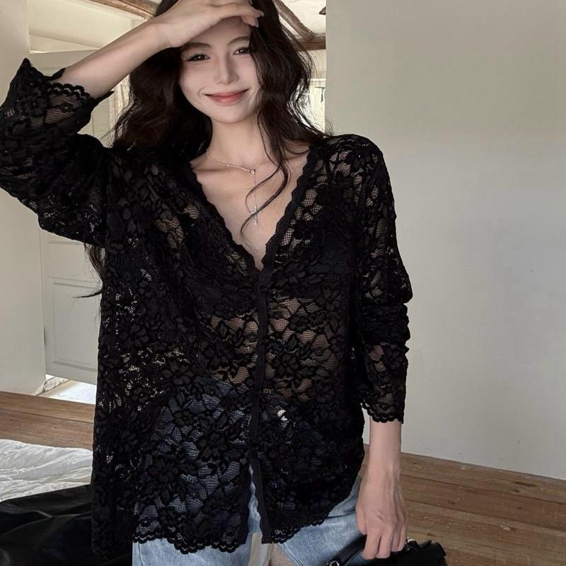 Gentle Style V-Neck Hollow Crochet Long-Sleeve Lace Shirt for Women, 2024 Autumn Fashionable Shirt, Unique Top, Trendy