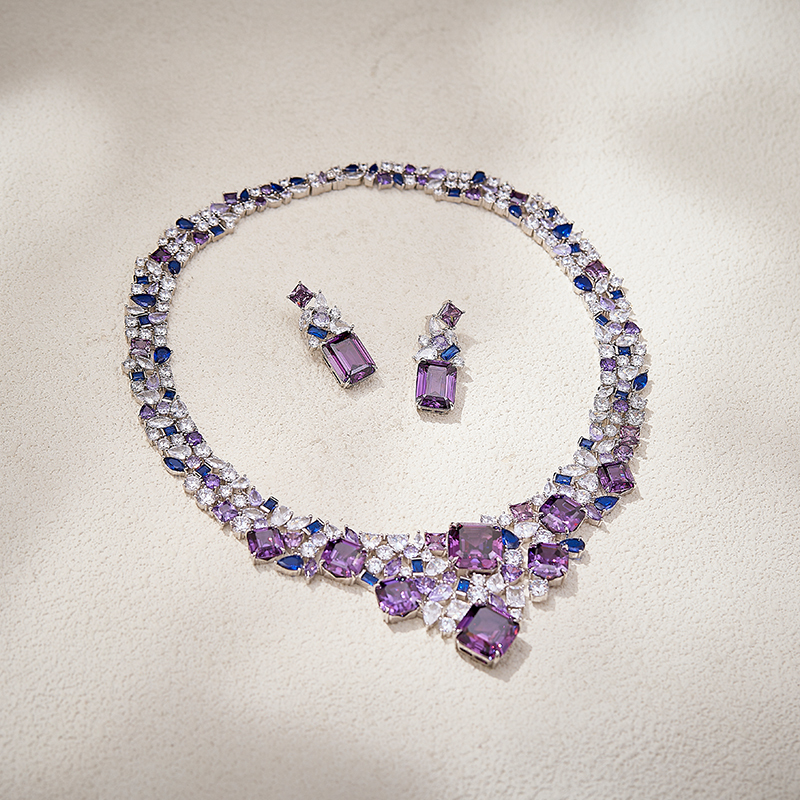 Shining Noble Purple Sugar Cube Evening Necklace Gold-Plated Full Diamond Socialite Dress Evening Purple Necklace and Earrings Set
