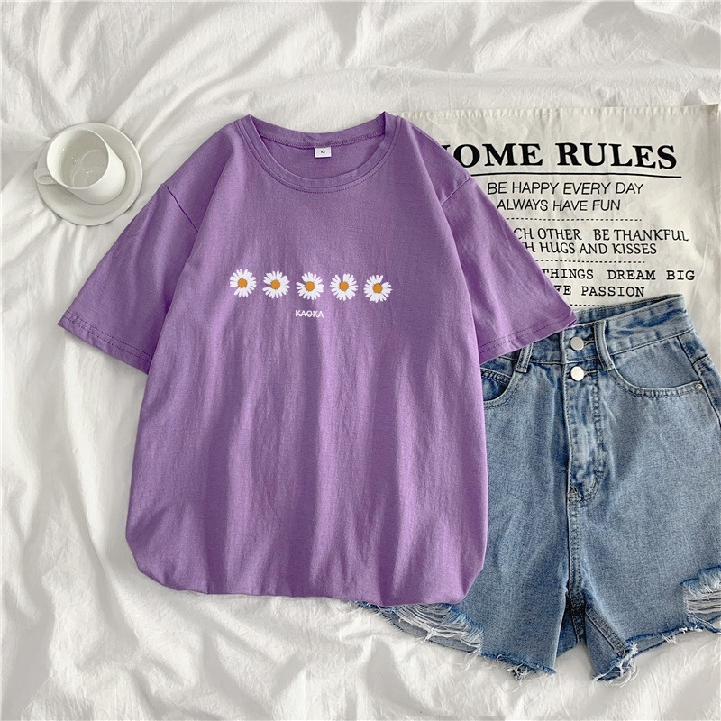 Lilac Coloursummer 2021 new pattern Daisy Short sleeve T-shirt female ins student Port style Harajuku easy Versatile Show thin upper clothes