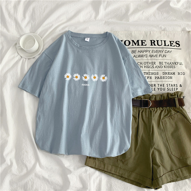 Grey Bluesummer 2021 new pattern Daisy Short sleeve T-shirt female ins student Port style Harajuku easy Versatile Show thin upper clothes