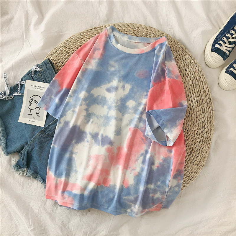 19164 Pinksummer new pattern Korean version tie-dyed Gradients student Short sleeve female T-shirt ins Versatile Harajuku Half sleeve Compassionate jacket tide