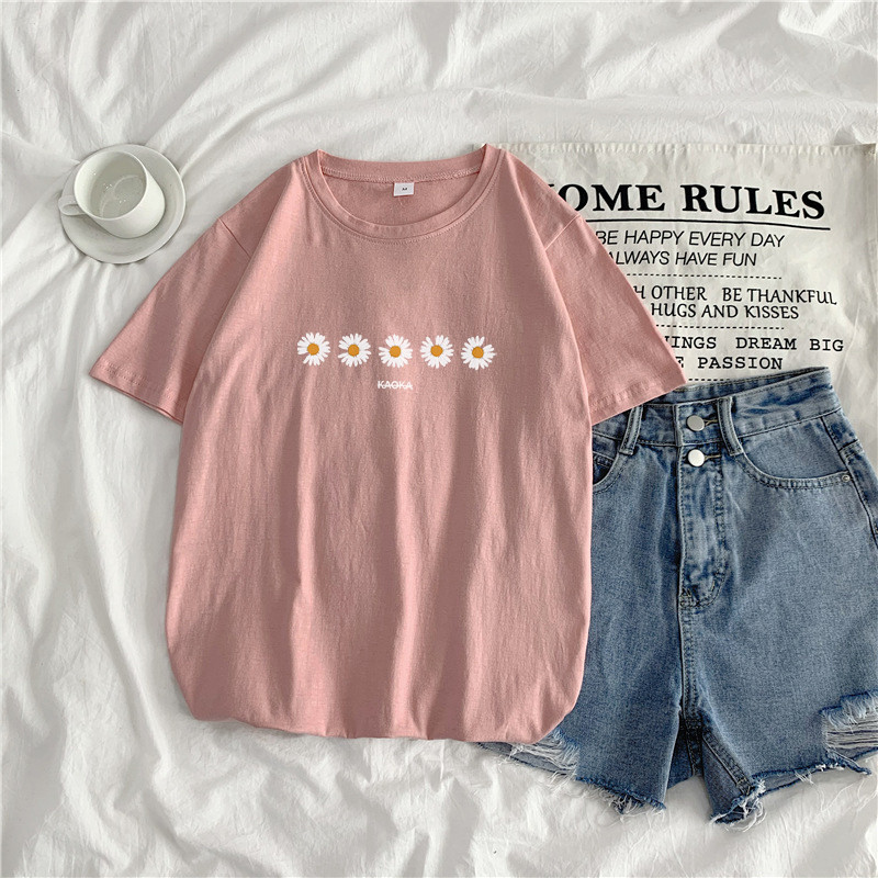 Pinksummer 2021 new pattern Daisy Short sleeve T-shirt female ins student Port style Harajuku easy Versatile Show thin upper clothes