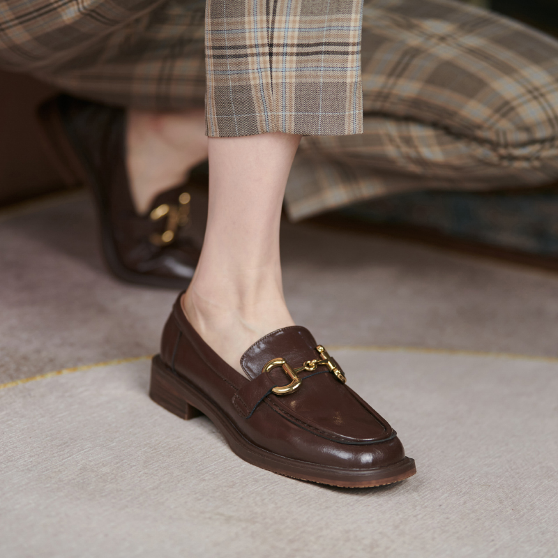 KAKY Inron Wind Lefoe shoes women coarse heel 2022 new round head metal buckle net red 100 hitch deep mouth single shoe genuine leather