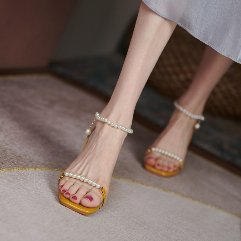 KAKY coarse heel sandals women 2022 Summer new pearls with fairy wind fashion high heels genuine leather