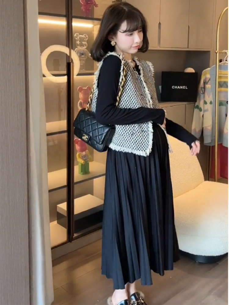 PREGNANT WOMENS SMALL FRAGRANCE AUTUMN TWO-PIECE SET OF FOREIGN DESIGN PLEATED SKIRT SLIM LONG-SLEEVED FASHION TEMPERAMENT VEST SUIT