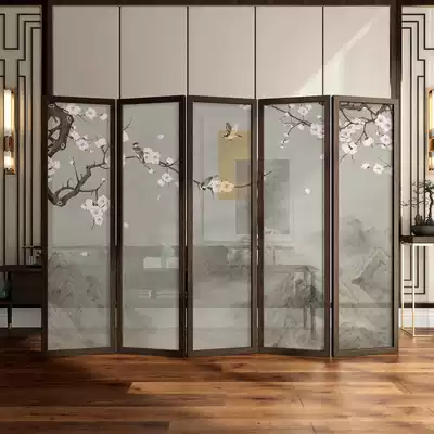 New Chinese screen partition living room bedroom shielding home entrance gate classical Zen solid wood flower and bird folding screen