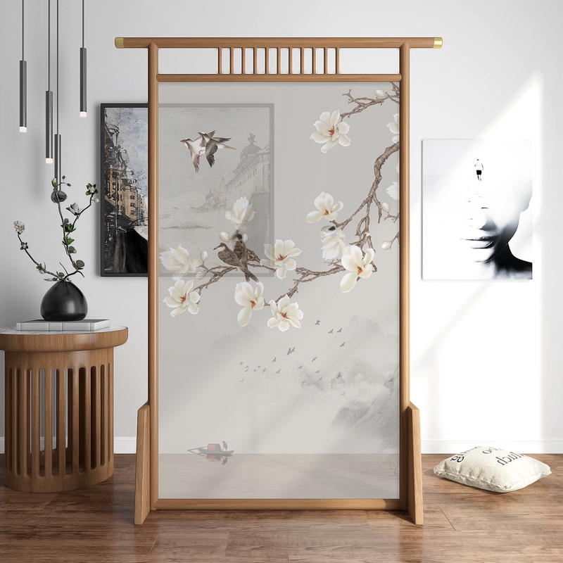 New Chinese screen partition living room bedroom shielding home entrance solid wood translucent Zen mobile seat screen
