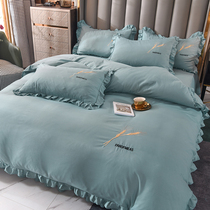 ins net red soft light blue girl heart four-piece cotton pure cotton princess style embroidered bed skirt bedspread simple quilt cover