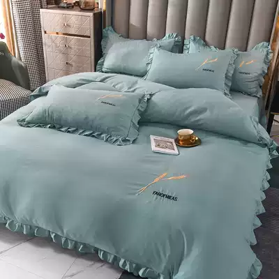 ins Net red soft light blue girl heart four-piece cotton cotton princess style embroidery bed skirt bedspread simple quilt cover