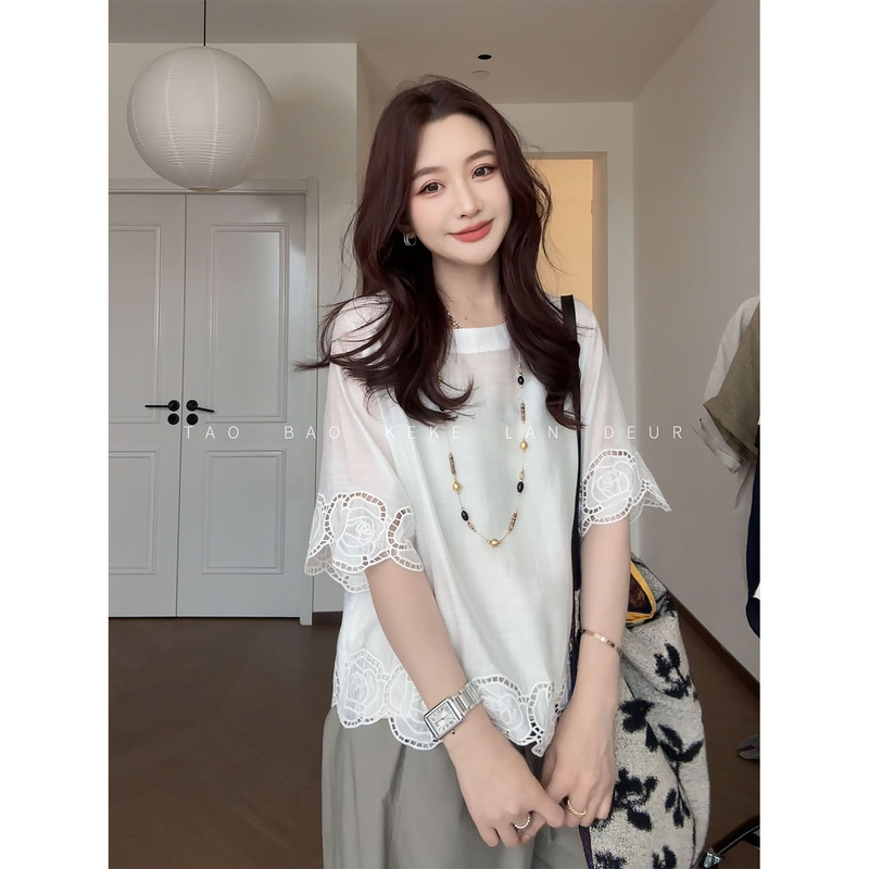 Keke【Star Candy Light Summer】French-Style High-End Embroidered Patchwork Hollow-Out Slimming Solid Color Shirt