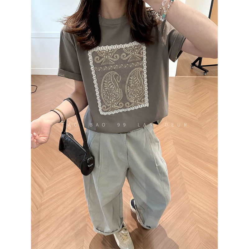 Keke【Evening Breeze Toy Box】Early Spring New Lace Embroidery Loose Short-Sleeve T-Shirt