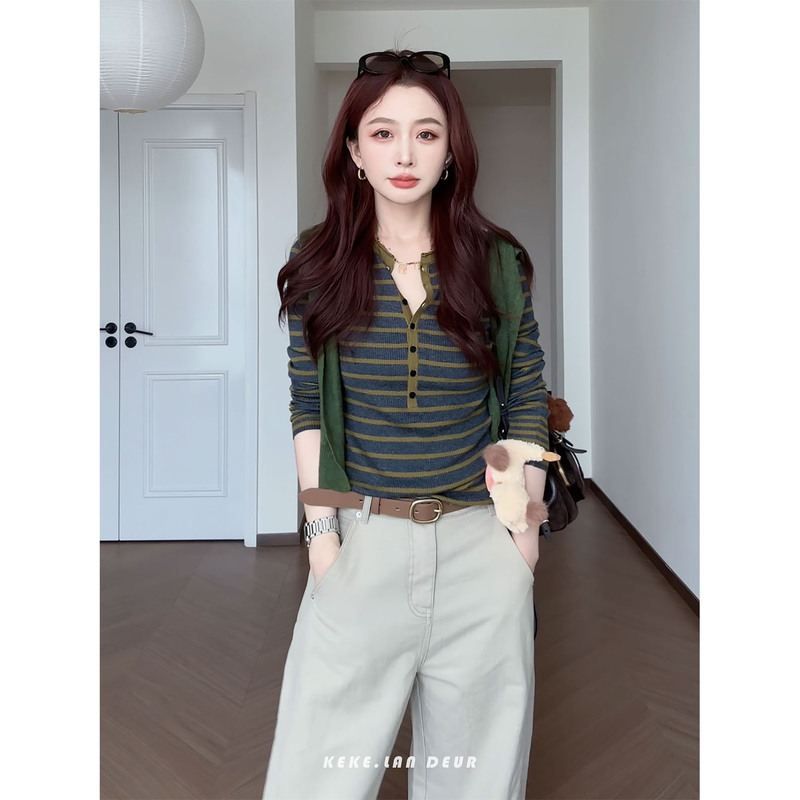 2026 Autumn New Style [Enjoy the Milky Way] Sheep Wool Color-Block Design Versatile Slim-Fit Knit Top for Women