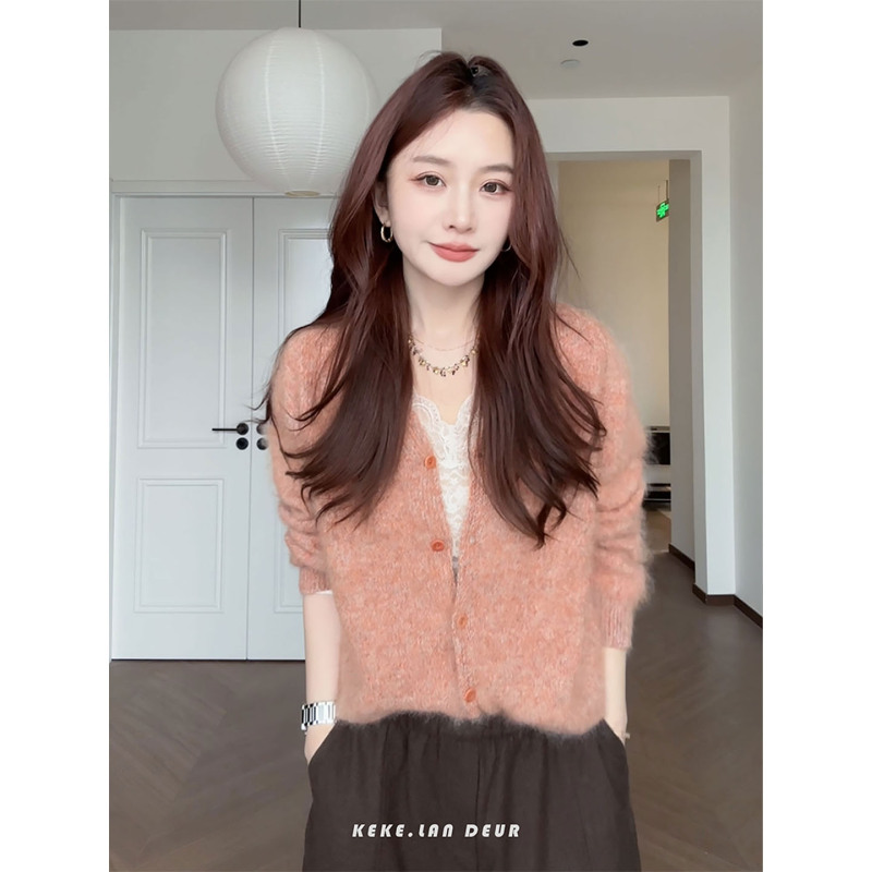 Keke【Time Captured from the World】2026 Autumn/Winter Sheep Wool Gentle V-Neck Fashionable Orange-Pink Knitted Sweater Women's Top
