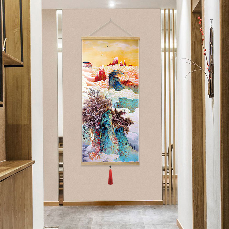 Entrance Chinese fabric tapestry decorative painting Large plush wooden frame wall hanging installation-free Chinese style picture