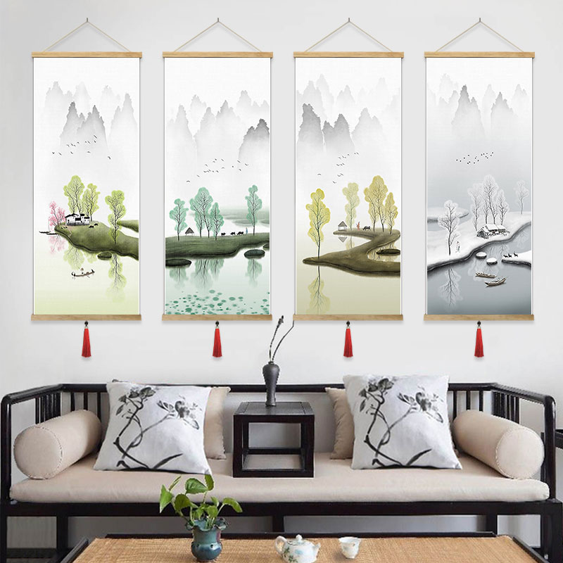 Chinese landscape painting sofa TV background wall shielding decoration painting wood frame plush cloth art tapestry painting free of installation