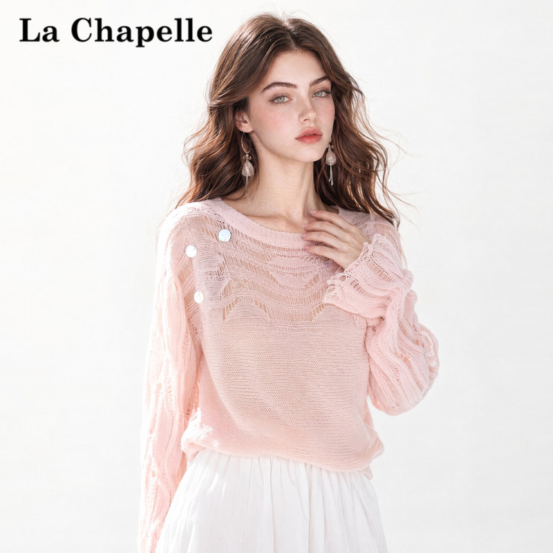 La Chapelle Gentle Pink Round-Neck Hollow-Out Knit Sweater for Women 2026 Autumn Sequin Embellished Loose Long-Sleeve Sweater